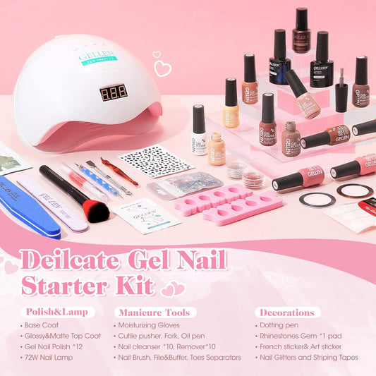 Gellen Gel Nail Polish Kit with U V LED Light 72W Nail Dryer, 12 Gel Nail Colors, No Wipe Top Base Coat, Nail Art Decorations, Manicure Tools, All-In-One Manicure Kit for Mother's Day Gift