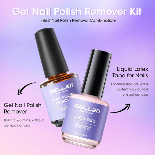 Gellen Gel Polish Remover Kit for Nails, Gel Nail Polish Remover 3-5 Minutes Removal, Pink Liquid Latex Tape Easy to Peel Off, with Manicure Tools, Fast & Easy Removedor de Esmalte Gel