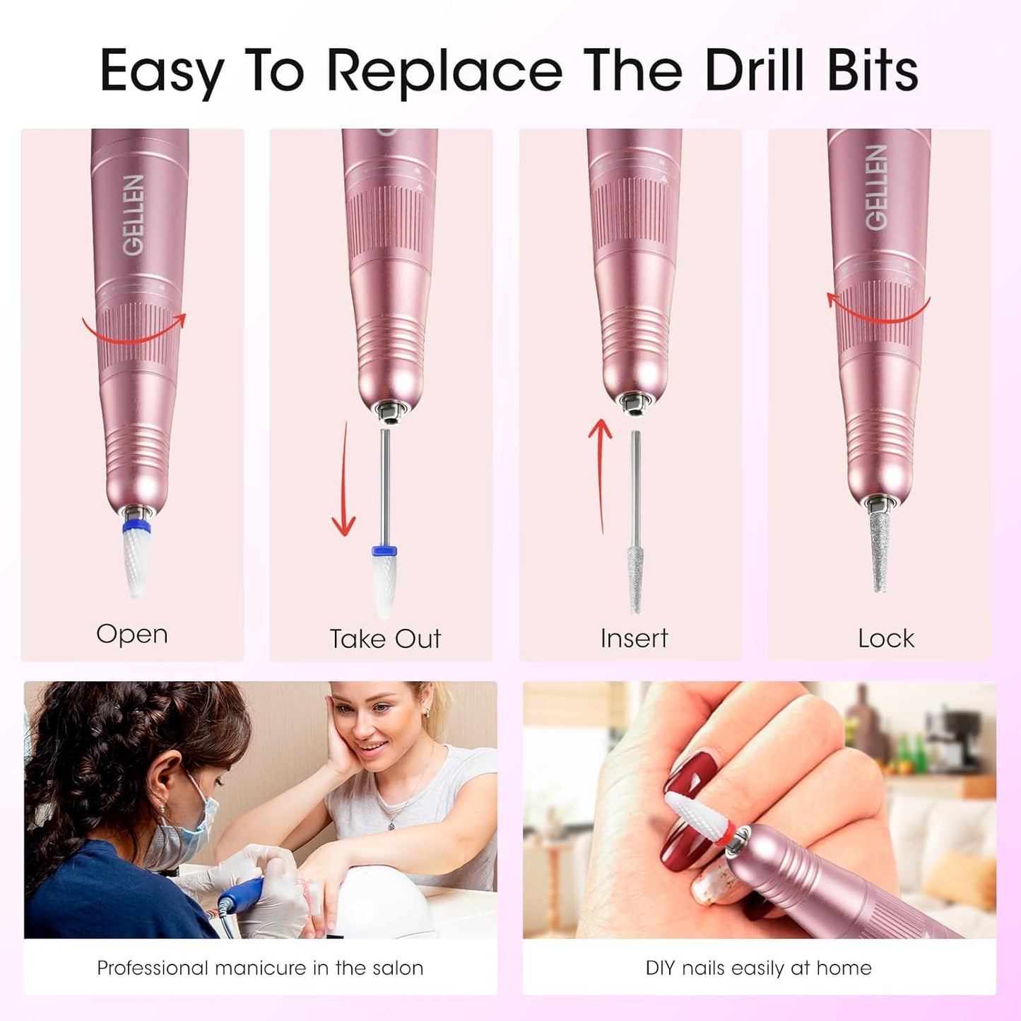 Gellen Gel Nail Polish Remover Professional Electric Nail File, 11 in 1 Nail Drill Kit, Cordless Rechargeable Pedicure Manicure Kit Nail Drill for Acrylic Gel Nails Tips