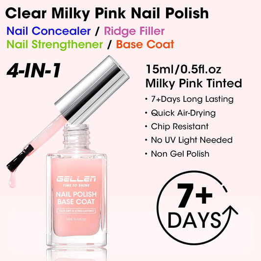 GELLEN Clear Nail Polish Base Coat Tinted Milky Pink, 4-In-1 Non-toxic Sheer Base Coat Strengthens Natural Nails, Quick Dry Pale Pink Regular Nail Polish Non UV Gel, Hema Free, Calcium Formula