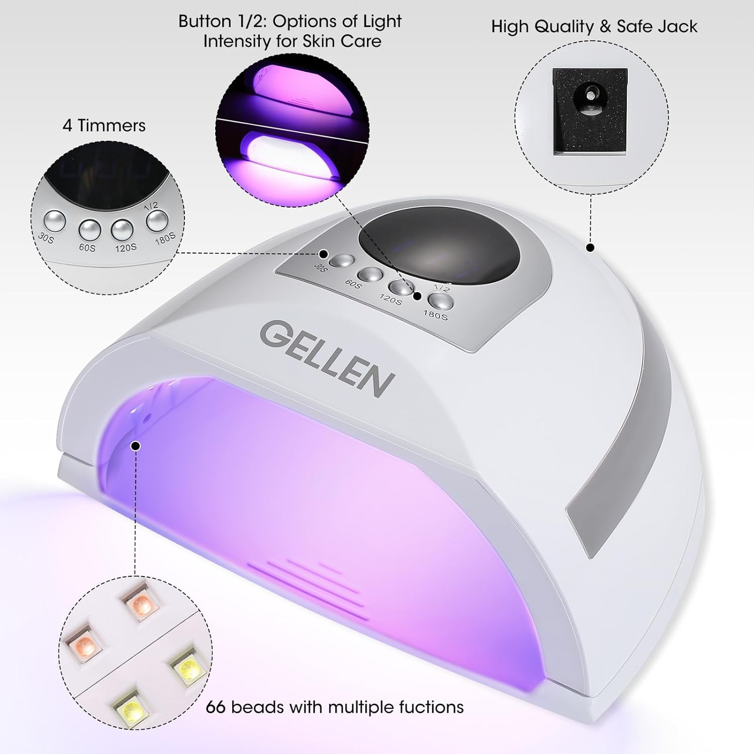 Gellen UV Nail Lamp, 268W UV Light for Nails Professional Fast Curing Nail Dryer, LED Nail Lamp with 4 Timers, 66 LED Beads, UV Nail Light Nail Lamp Gift for Women Girls