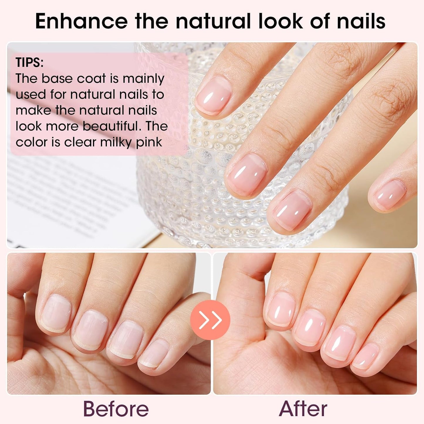GELLEN Clear Nail Polish Base Coat Tinted Milky Pink, 4-In-1 Non-toxic Sheer Base Coat Strengthens Natural Nails, Quick Dry Pale Pink Regular Nail Polish Non UV Gel, Hema Free, Calcium Formula