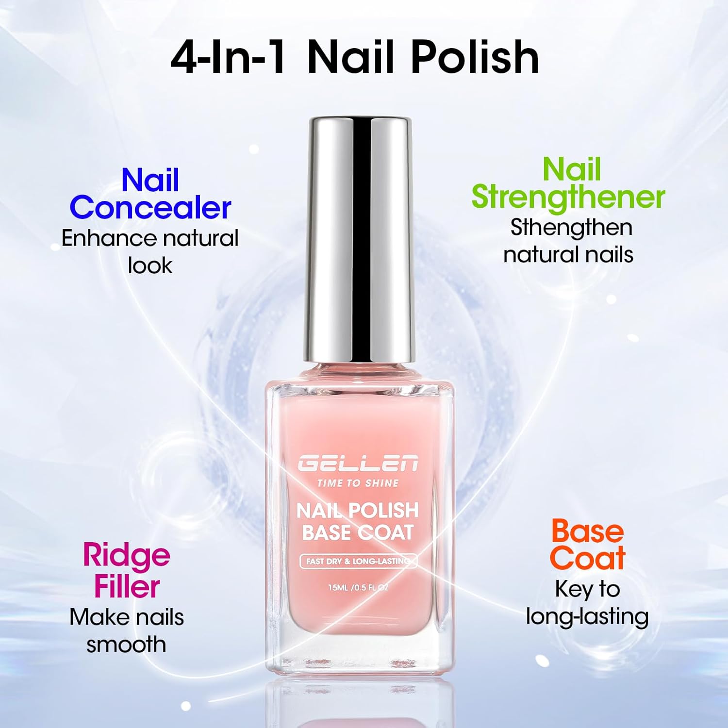 GELLEN Clear Nail Polish Base Coat Tinted Milky Pink, 4-In-1 Non-toxic Sheer Base Coat Strengthens Natural Nails, Quick Dry Pale Pink Regular Nail Polish Non UV Gel, Hema Free, Calcium Formula