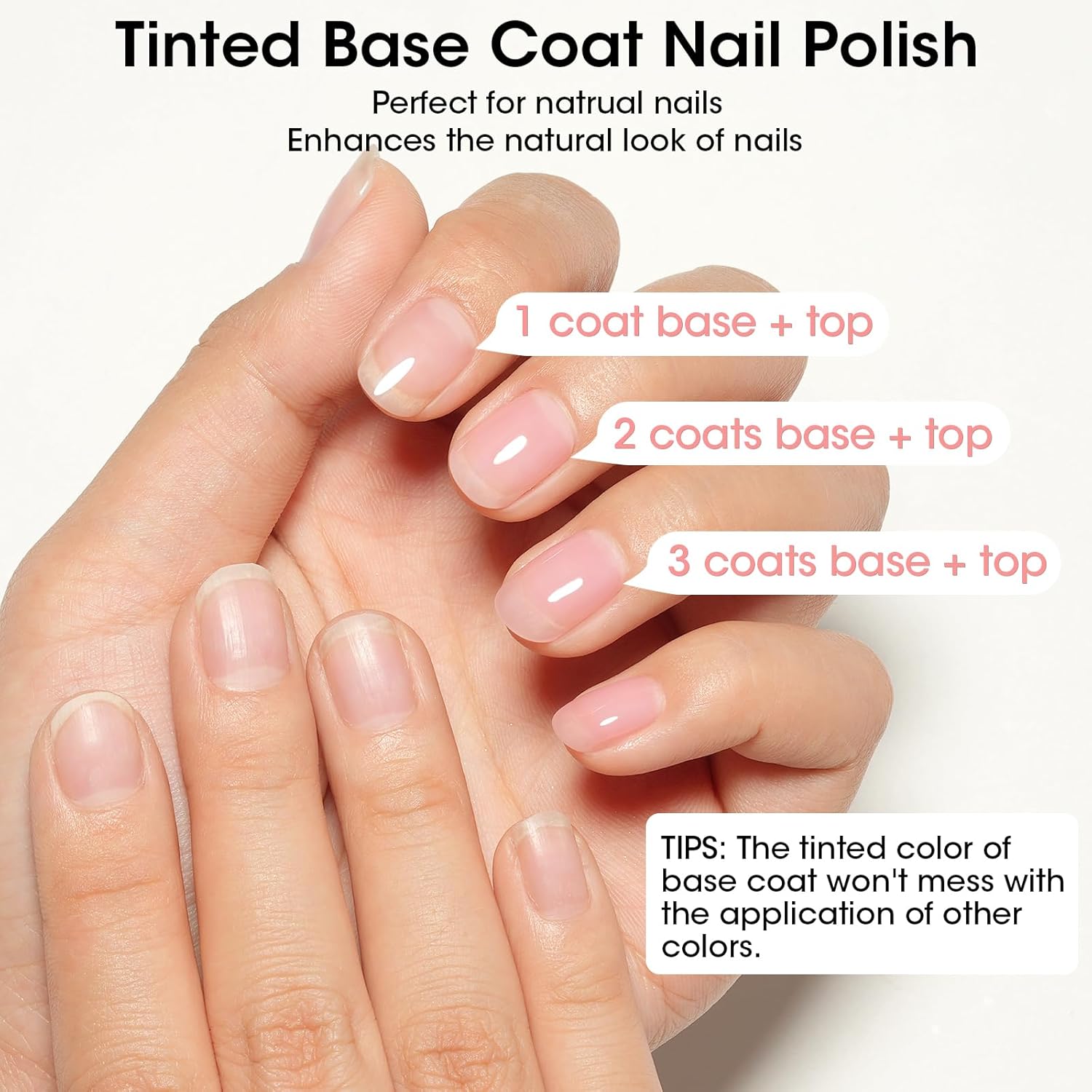 GELLEN Clear Nail Polish Base Coat Tinted Milky Pink, 4-In-1 Non-toxic Sheer Base Coat Strengthens Natural Nails, Quick Dry Pale Pink Regular Nail Polish Non UV Gel, Hema Free, Calcium Formula