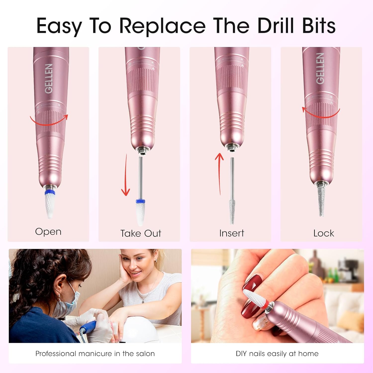 Gellen Gel Nail Polish Remover Professional Electric Nail File, 11 in 1 Nail Drill Kit, Cordless Rechargeable Pedicure Manicure Kit Nail Drill for Acrylic Gel Nails Tips